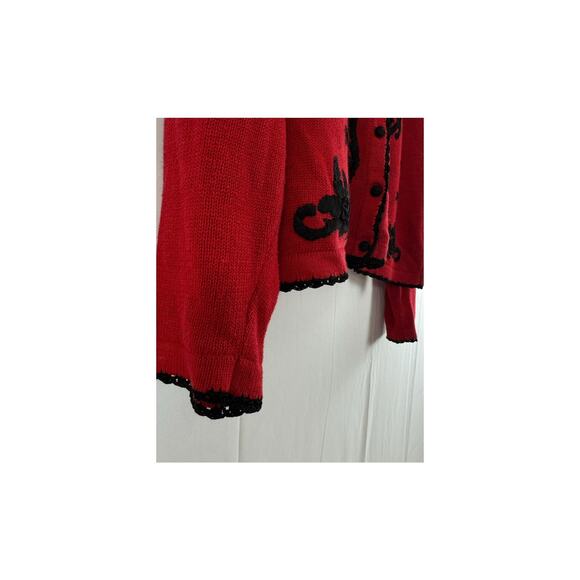 Arriviste Large Red Black Embroidered Button-Up Cardigan Women’s Vintage Look - Picture 4 of 6